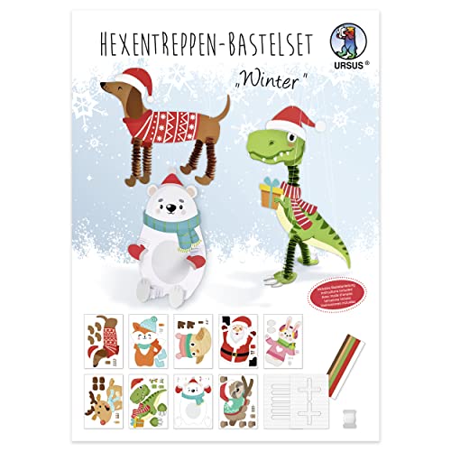 Ursus 21360099F - Hexentreppen Bastelset Winter, Set für 9 weihnachtliche Tiere aus Fotokarton, 25 x 35 cm, 300 g/qm, inkl. Papierstreifen, Vorlage, Faden zum Aufhängen und Bastelanleitung von Ursus