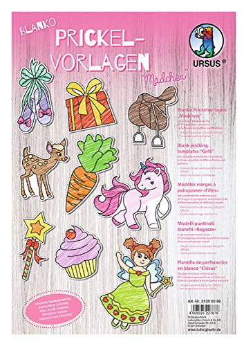 Ursus 21390099 - Blanko Prickelvorlagen, Mädchen, 220 g/qm, 27 Prickelmotive, in verschiedenen Größen und Motiven 9 Motiven, inklusive Bastelanleitung von Ursus