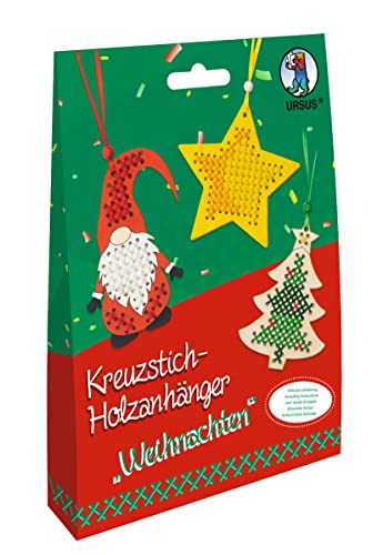 Ursus 21440004 - Kreuzstich-Anhänger aus Holz "Weihnachten", Bastel-Set für Kinder mit 3 Holz-Anhängern, Stickgarn, Sticknadeln, Deko-Material und Anleitung von Ursus