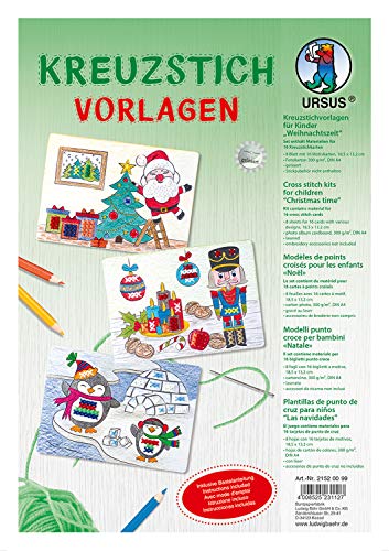 Ursus 21520099 - Kreuzstichvorlagen für Kinder, Weihanchtszeit, 8 Blatt mit 16 verschiedenen Motiven, ca. 18,5 x 13,2 cm, aus Fotokarton 300 g/qm, DIN A4,gelasert, inklusive Bastelanleitung von Ursus