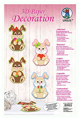 Ursus 21860099 - 3D Paper Dekoration Häschen, Material für 24 Häschen, ca. 6,5 x 9,5 cm, 3 lagig, inklusive Bastelanleitung, ideal zum Dekorieren von Karten, Scrapbooking und Geschenken von Ursus