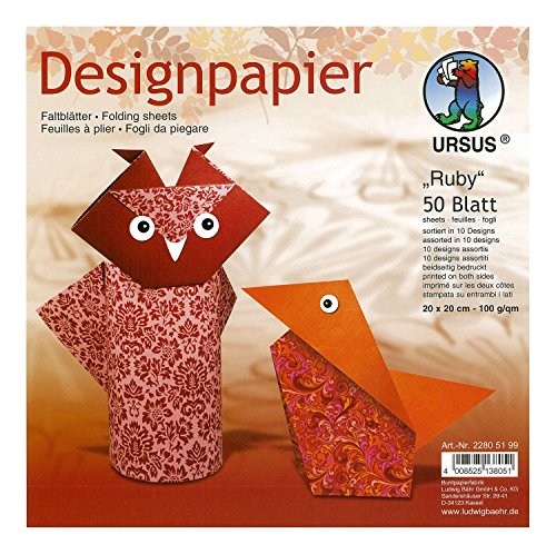 Ursus 22805199 - Designpapier Ruby, 50 Blatt in 10 verschiedenen Motiven, ca. 20 x 20 cm, 100 g/qm, beidseitig bedruckt, ideal zum Falten von kreativen Origami Tieren von Ursus