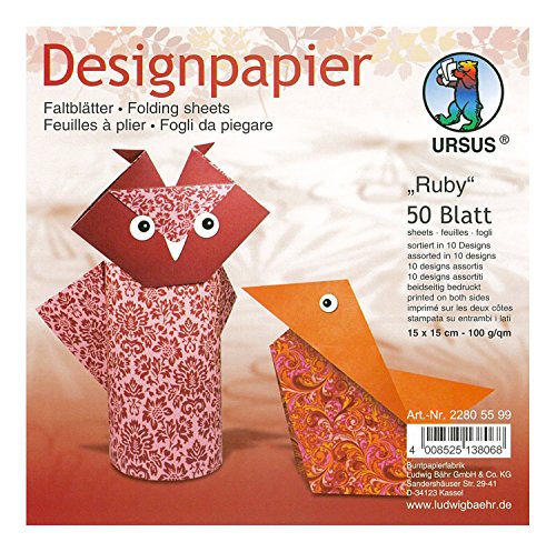 Ursus 22805599 - Designpapier Ruby, 50 Blatt in 10 verschiedenen Motiven, ca. 15 x 15 cm, 100 g/qm, beidseitig bedruckt, ideal zum Falten von kreativen Origami Tieren von Ursus