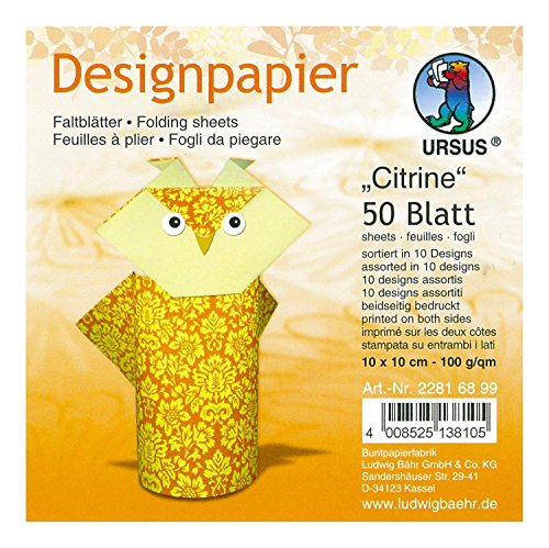 Ursus 22816899 - Designpapier Citrine, 50 Blatt in 10 verschiedenen Motiven, ca. 10 x 10 cm, 100 g/qm, beidseitig bedruckt, ideal zum Falten von kreativen Origami Tieren von Ursus