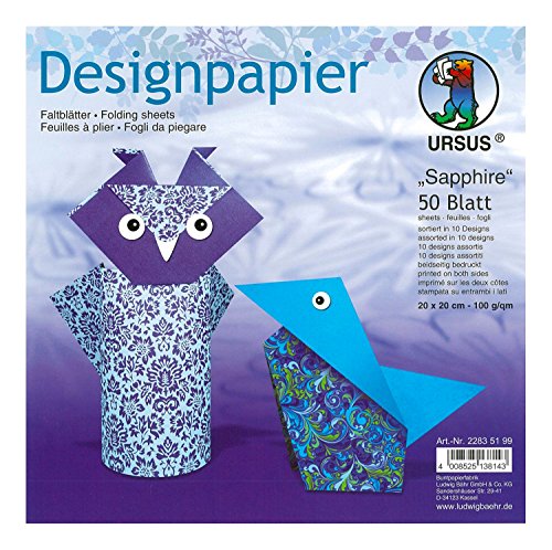 Ursus 22835199 - Designpapier Sapphire, 50 Blatt in 10 verschiedenen Motiven, ca. 20 x 20 cm, 100 g/qm, beidseitig bedruckt, ideal zum Falten von kreativen Origami Tieren von Ursus