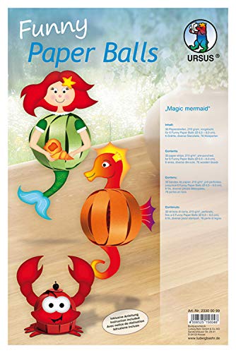 Ursus 23300099 - Funny Paper Balls Magic mermaid, Material für 6 Funny Paper Balls, Durchmesser ca. 7 8 cm, 30 Papierstreifen mit Zubehör, vorgelocht, inklusive Bastelanleitung, für Kinder von Ursus