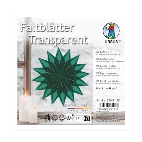 Ursus 2506100 - Faltblätter aus dunkelgrünem Transparentpapier, ca. 14 x 14 cm, 42 g/m², 100 Blatt, zum Falten von transparent schimmernden Figuren, durchgefärbt von Ursus