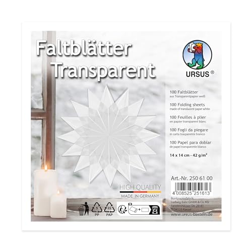 Ursus 2506100 - Faltblätter aus weißem Transparentpapier, ca. 14 x 14 cm, 42 g/m², 100 Blatt, zum Falten von transparent schimmernden Figuren, durchgefärbt von Ursus