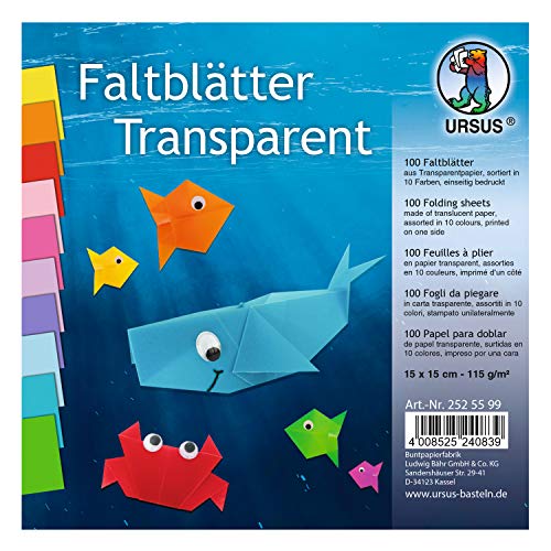 Ursus 2525599 - Transparentpapier Faltblätter 115 g, ca. 15 x 15 cm, 100 Blatt sortiert in 10 verschiedenen Farben, einseitig bedruckt von Ursus