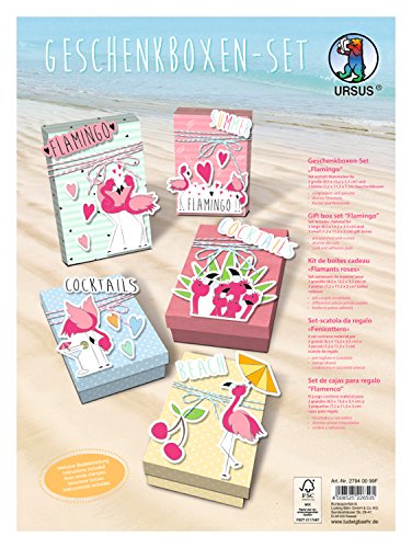 Ursus 27940099F - Geschenkboxen Set Flamingo, Set für 2 große Geschenkboxen und 3 kleine Boxen, vorgestanzt und genutet, inklusive Bastelanleitung, ideal für kleine Überraschungen von Ursus