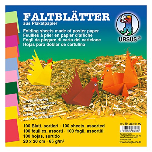 Ursus 2835199 Faltblätter intensiv, ca. 20 x 20 cm, 65 g/qm, 100 Blatt in 10 verschiedenen Farben, aus Plakatpapier, durchgefärbt, ideale Grundlage für kreative Bastelarbeiten von Ursus