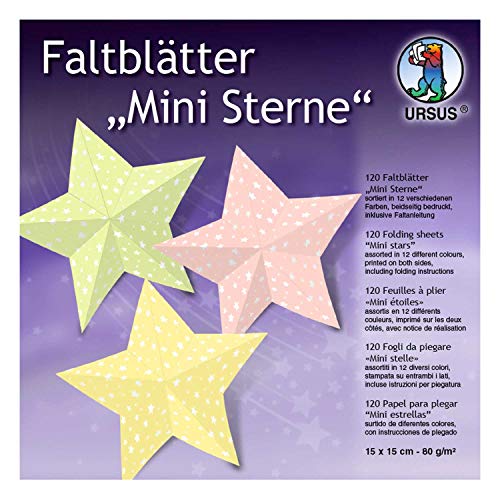 Ursus 3025599F - Faltblätter Mini, 120 Blatt 80 g/qm 15 x 15 cm, in 12, Vorderseite mit Sternen Bedruckt, Rückseite einfarbig, inklusive Faltanleitung von Ursus