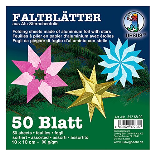 Ursus 3126899 - Faltblätter Alu mit Sternchen, ca. 10 x 10 cm, 90 g/qm, 50 Blatt in 10 verschiedenen Farben, beidseitig bedruckt, mit Sternchenprägung, ideale Grundlage für kreative Bastelarbeiten von Ursus