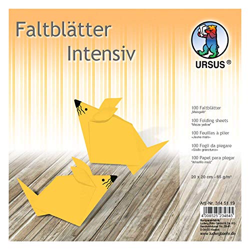 Ursus 3145119 - Faltblätter Uni intensiv, maisgelb, ca. 20 x 20 cm, 65 g/qm, 100 Blatt, aus Plakatpapier, durchgefärbt, für kleine und große Origami Künstler, ideal für vielseitige Bastelarbeiten von Ursus