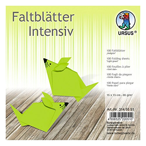 Ursus 3145551 - Faltblätter Uni intensiv, hellgrün, ca. 15 x 15 cm, 65 g/qm, 100 Blatt, aus Plakatpapier, durchgefärbt, für kleine und große Origami Künstler, ideal für vielseitige Bastelarbeiten von Ursus