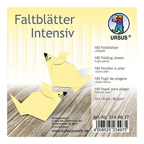 Ursus 3146817 - Faltblätter Uni intensiv, hellgelb, ca. 10 x 10 cm, 65 g/qm, 100 Blatt, aus Plakatpapier, durchgefärbt, für kleine und große Origami Künstler, ideal für vielseitige Bastelarbeiten von Ursus