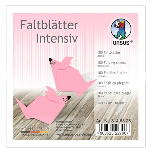 Ursus 3146826 - Faltblätter Uni intensiv, rosa, ca. 10 x 10 cm, 65 g/qm, 100 Blatt, aus Plakatpapier, durchgefärbt, für kleine und große Origami Künstler, ideal für vielseitige Bastelarbeiten von Ursus