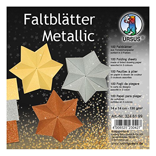 Ursus 3246199 - Faltblätter Metallic, aus Tonzeichenpapier 130 g/qm, 100 Blatt in 3 Farben, ca. 14 x 14 cm, durchgefärbt, hohe Farbbrillanz und Lichtbeständigkeit, ideal für schöne Faltfiguren von Ursus