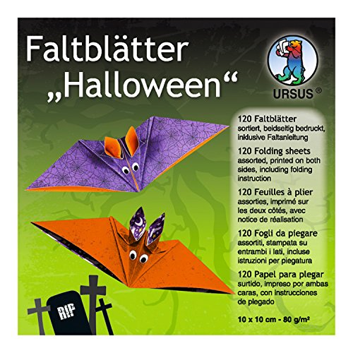 Ursus 3286899 - Faltblätter Halloween, 80 g/qm, ca. 10 x 10 cm, 120 Blatt in 10 verschiedenen Designs, beidseitig bedruckt, inklusive Faltanleitung, ideale Grundlage für kreative Bastelarbeiten von Ursus