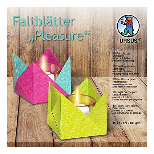 Ursus 3305599 - Faltblätter Pleasure, 135 g/qm, ca. 15 x 15 cm, 50 Blatt in 9 Farben, Effektpapier, beidseitig bedruckt, inklusive Faltanleitung, ideale Grundlage für kreative Bastelarbeiten von Ursus