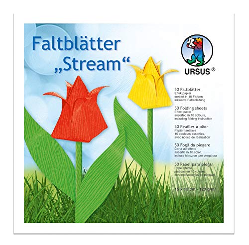 Ursus 3315599 - Faltblätter Stream, 120 g/qm, ca. 15 x 15 cm, 50 Blatt in 10 Farben, Effektpapier, beidseitig bedruckt, inklusive Faltanleitung, ideale Grundlage für kreative Bastelarbeiten von Ursus