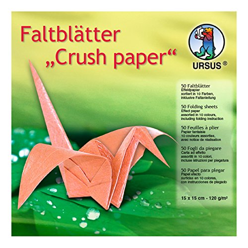 Ursus 3325599 - Faltblätter Crush Paper, 120 g/qm, ca. 15 x 15 cm, 50 Blatt in 10 verschiedenen Farben, Effektpapier, beidseitig bedruckt, inklusive Faltanleitung, ideal für kreative Bastelarbeiten von Ursus