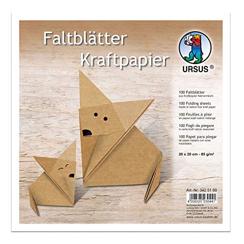 Ursus 3425100 - Faltblätter Kraftpapier, ca. 20 x 20 cm, aus Natron Kraftpapier, 80 g/qm, 100 Blatt, gerippt, für kleine und große Origami Künstler, ideal für kreative Bastelarbeiten von Ursus