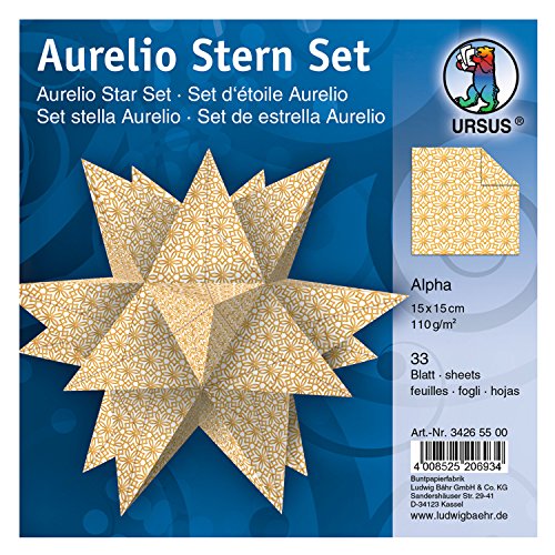 Ursus 34265500 - Faltblätter Aurelio Stern Alpha, weiß / gold, 33 Blatt, aus Shimmer Papier 110 g/qm, ca. 15 x 15 cm, Vorderseite mit Veredelung, ideal als Weihnachtsdeko von Ursus