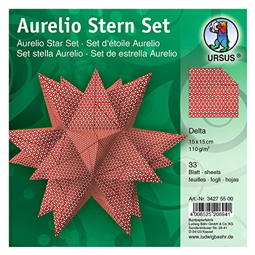 Ursus 34275500 - Faltblätter Aurelio Stern Delta, weiß / rot, 33 Blatt, aus Shimmer Papier 110 g/qm, ca. 15 x 15 cm, Vorderseite mit Veredelung, ideal als Weihnachtsdeko von Ursus