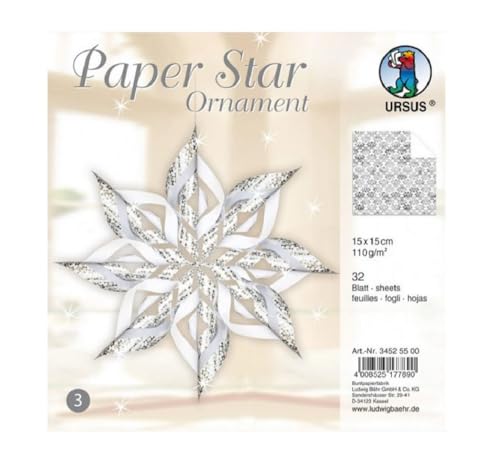 Ursus 34525500 - Paper Star Ornament 3, silber, 32 Blatt, ca. 15 x 15cm, 110 g/qm, vorgestanztes, hochwertiges Bastelpapier mit edlem Perleffekt, folienveredelt, einseitig bedruckt von Ursus