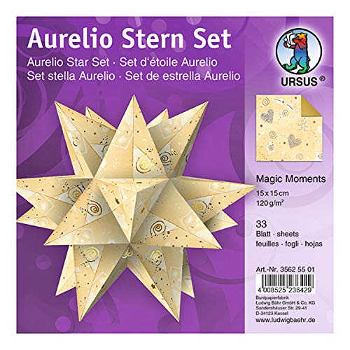 Ursus 35625501 - Faltblätter Aurelio Stern Magic Moments Star Night, chamois / gold, 33 Blatt, aus Kreativpapier 120 g/qm, ca. 15 x 15 cm, beidseitig bedruckt, mit Veredelung, ideal als Weihnachtsdeko von Ursus