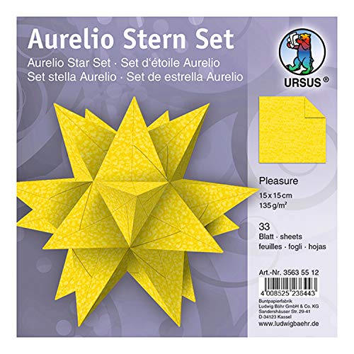 Ursus 35635512 - Faltblätter Aurelio Stern Pleasure, citronengelb, 33 Blatt, aus Papier 135 g/qm, ca. 15 x 15 cm, beidseitig bedruckt, ideal als Weihnachtsdeko von Ursus