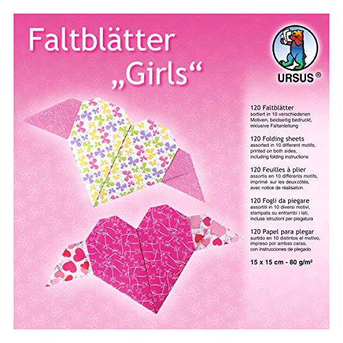 Ursus 38015599F - Faltblätter Girls, 120 Blatt 80 g/qm 15 x 15 cm, in 10 verschiedenen Designs, für kleine und große Origami Künstler, beidseitig bedruckt, inklusive Faltanleitung von Ursus