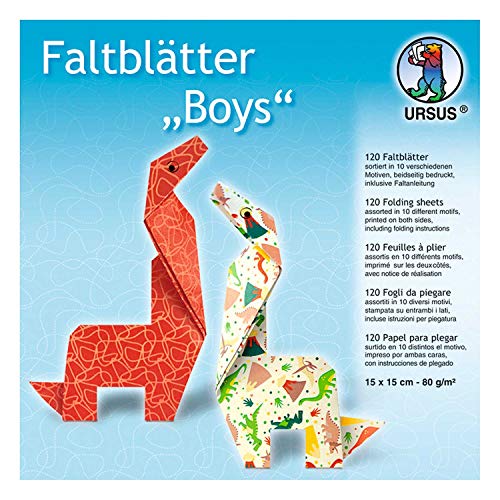 Ursus 38025599F - Faltblätter Boys, 120 Blatt 80 g/qm 15 x 15 cm, in 10 verschiedenen Designs, für kleine und große Origami Künstler, beidseitig bedruckt, inklusive Faltanleitung von Ursus