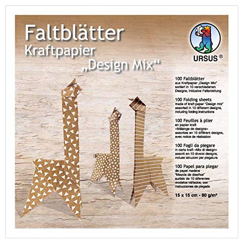 Ursus 38055599F - Faltblätter Kraftpapier Design Mix, 100 Blatt in 10 verschiedenen Motiven, ca. 15 x 15 cm, 80 g/qm, einseitig Bedruckt, zum Falten von Fensterbildern, Sternen und Figuren, braun/weiß von Ursus