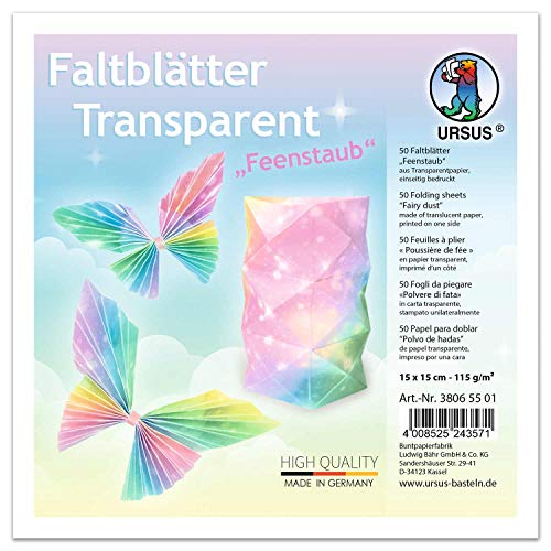 Ursus 38065501 - Transparentpapier-Faltblätter Feenstaub, 50 Blatt, ca. 15 x 15 cm, 115 g/qm, einseitig Bedruckt, zum Falten von Fensterbildern, Sternen und Figuren, bunt von Ursus