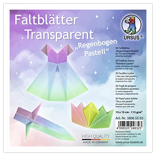 Ursus 38065503 - Faltblätter Transparent "Regenbogen Pastell" 115 g/m², 50 Faltblätter 15 x 15 cm, einseitig bedruckt von Ursus