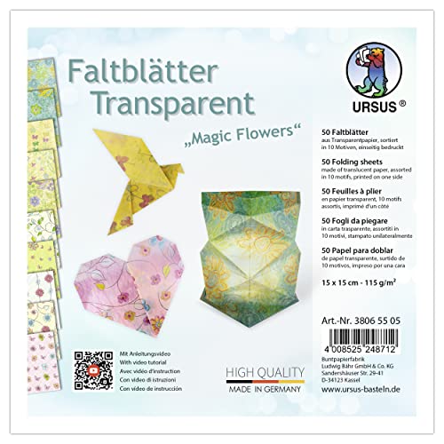 Ursus 38065505 - Faltblätter Transparent "Magic Flower" 115 g/m², 50 Faltblätter 15 x 15 cm, einseitig bedruckt von Ursus