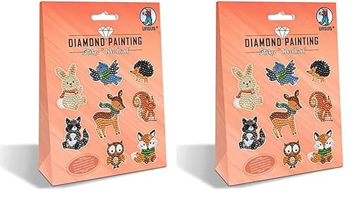 Ursus 43500011 - Diamond Painting Sticker Woodland zum Gestalten von Stickern mit funkelnden Diamanten, 2 Stickerbogen ca. 15 x 10 cm, mit Zubehör (Packung mit 2) von Ursus