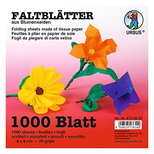 Ursus 4709599 - Faltblätter Blumenseide, 1000 Blatt in 10 verschiedenen Farben, ca. 8 x 8 cm, 20 g/qm, durchgefärbt, nicht nassfest, kann abfärben, ideal für kreative Bastelarbeiten von Ursus