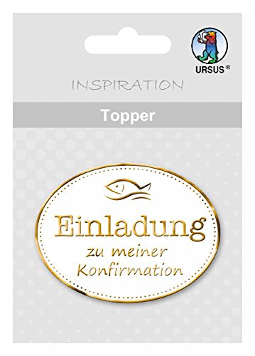 Ursus 56700008 - Topper Einaldung zu meiner Konfirmation, weiß/gold, 8 Stück, ca. 6,5 x 7,6 cm, aus hochwertigen Materialien, mit edlem Perleffekt, Folienveredelt in silber, zum Verzieren von Karten von Ursus