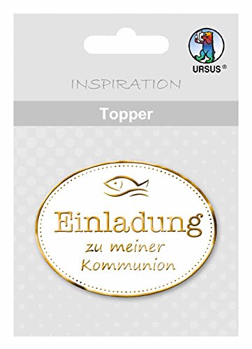 Ursus 56700009 - Topper Einaldung zu meiner Kommunion, weiß/gold, 8 Stück, ca. 6,5 x 7,6 cm, aus hochwertigen Materialien, mit edlem Perleffekt, Folienveredelt in silber, zum Verzieren von Karten von Ursus