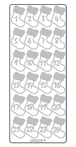 Ursus 593100124 - Kreativ Sticker Adventskalender, Stiefelchen silber, 5 Stickerbögen mit Zahlen von 1 bis 24, selbstklebend, leicht abziehbar, zum Nummerieren von selbstgemachten Adventskalendern von Ursus