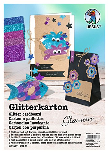 Ursus 62124699F - Glitterkarton Glamour, DIN A4, 330 g/qm, 5 Blatt, sortiert in 5 Farben, mehrfarbig von Ursus