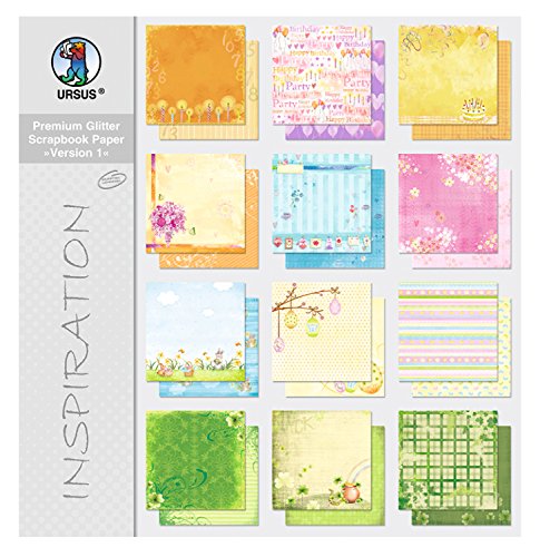 Ursus 70350099 - Premium Glitter Scrapbook paper Block, Version 1, ca. 30,5 x 30,5 cm, 190 g/qm, 12 Blatt in 12 Motiven, beidseitg mit verschiedenen Motiven bedruckt, Vorderseite mit Glitter veredelt von Ursus