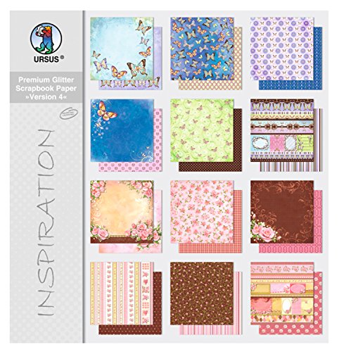 Ursus 71600099 - Premium Glitter Scrapbook paper Block, Version 4, ca. 30,5 x 30,5 cm, 190 g/qm, 12 Blatt in 6 Motiven, beidseitig mit verschiedenen Motiven bedruckt, Vorderseite mit Glitter veredelt von Ursus