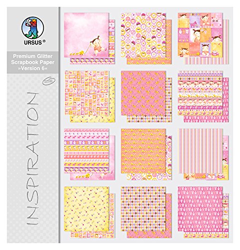 Ursus 71620099 - Premium Glitter Scrapbook paper Block, Version 6, ca. 30,5 x 30,5 cm, 190 g/qm, 12 Blatt in 6 Motiven, beidseitig mit verschiedenen Motiven bedruckt, Vorderseite mit Glitter veredelt von Ursus