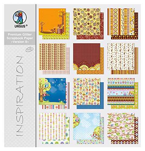 Ursus 71640099 - Premium Glitter Scrapbook paper Block, Version 8, ca. 30,5 x 30,5 cm, 190 g/qm, 12 Blatt in 6 Motiven, beidseitig mit verschiedenen Motiven bedruckt, Vorderseite mit Glitter veredelt von Ursus