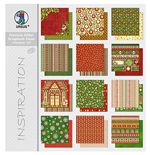 Ursus 71710099 - Premium Glitter Scrapbook paper Block, Version 15, ca. 30,5 x 30,5 cm, 190 g/qm, 12 Blatt in 6 Motiven, beidseitig mit verschiedenen Motiven bedruckt, Vorderseite mit Glitter veredelt von Ursus