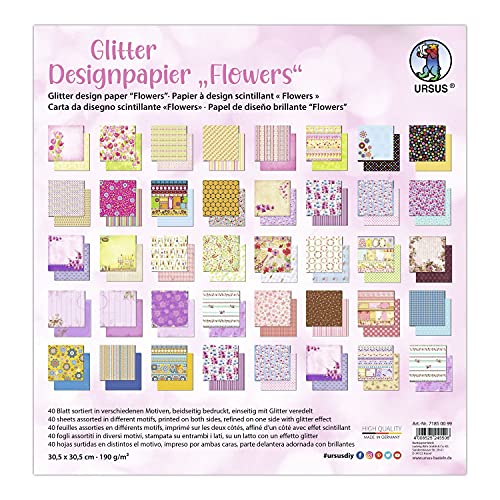 Ursus 71850099 - Glitter Design-Papier "Flowers", Mix mit 40 Blatt beidseitig bedrucktem Motiv-Papier, 190 g/m², 30,5 x 30,5 cm, Vorder- und Rückseite jeweils unterschiedlich bedruckt von Ursus